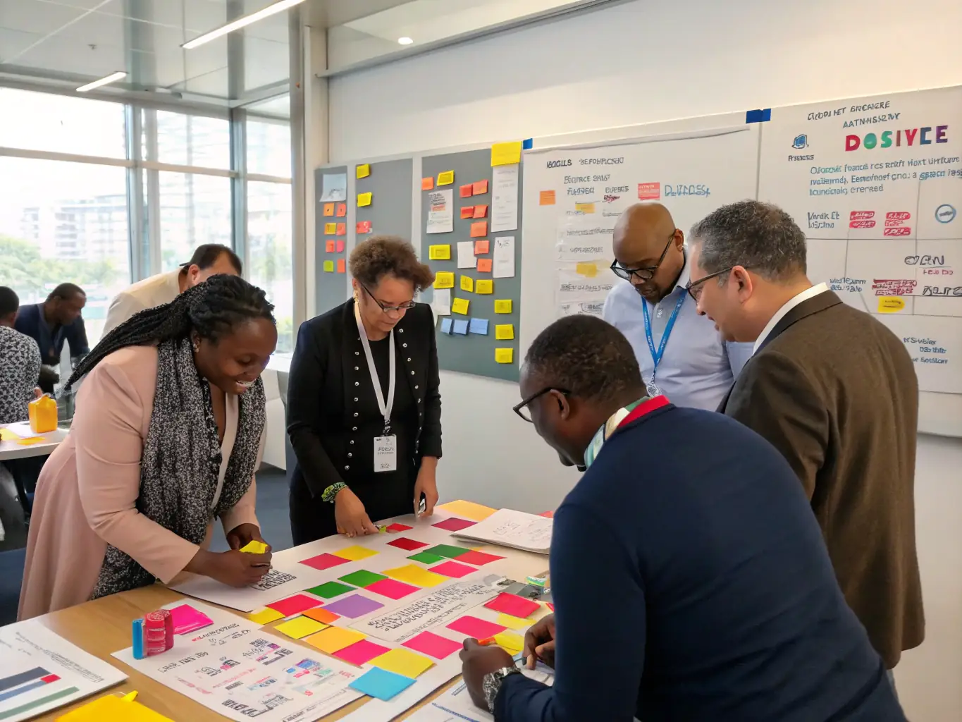 A group of professionals actively participating in a hands-on workshop on apparel design, focusing on pattern making and garment construction techniques.